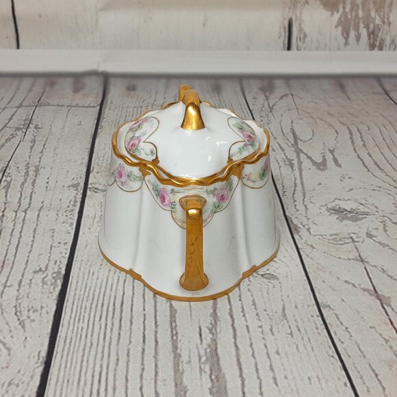 Porcelain Sugar Bowl KPM Germany Floral Pink Roses Gold Trim Double Handles - Picture 4 of 13